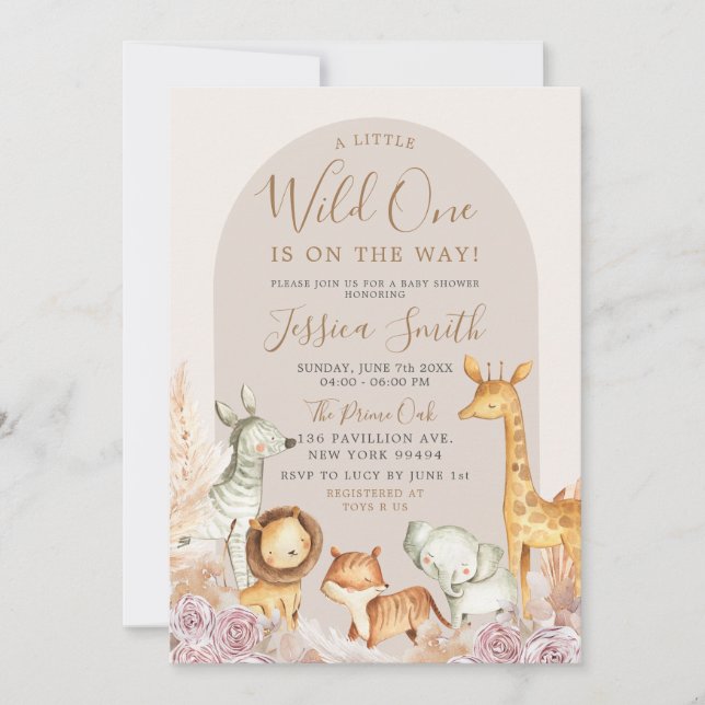 Boho Arch Pampas Grass Safari Wild One Baby Shower Invitation (Front)