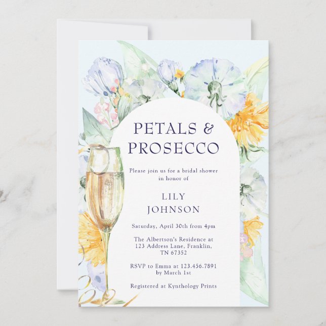 Boho Arch Petals Prosecco Floral Bridal Shower Invitation (Front)