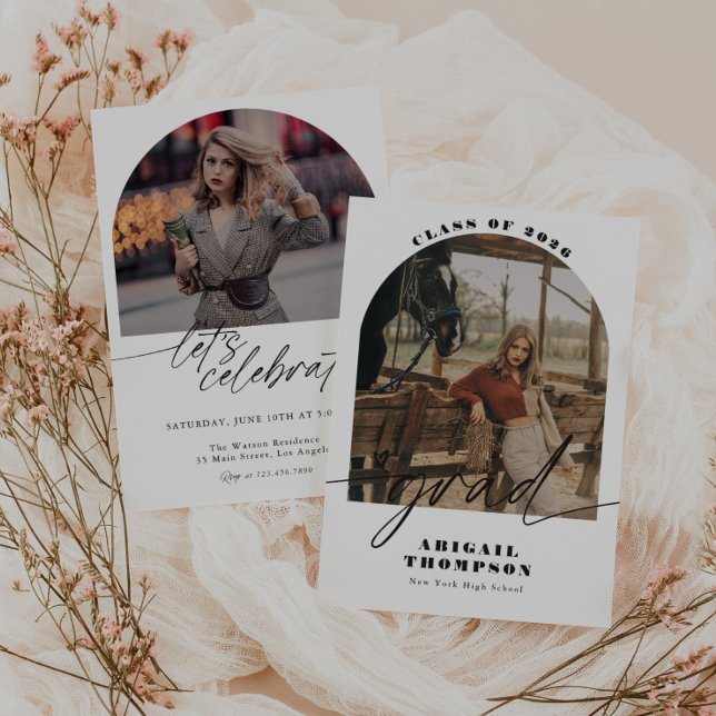 Boho Arch Photo Modern Script Graduation Invitation (Creator Uploaded)