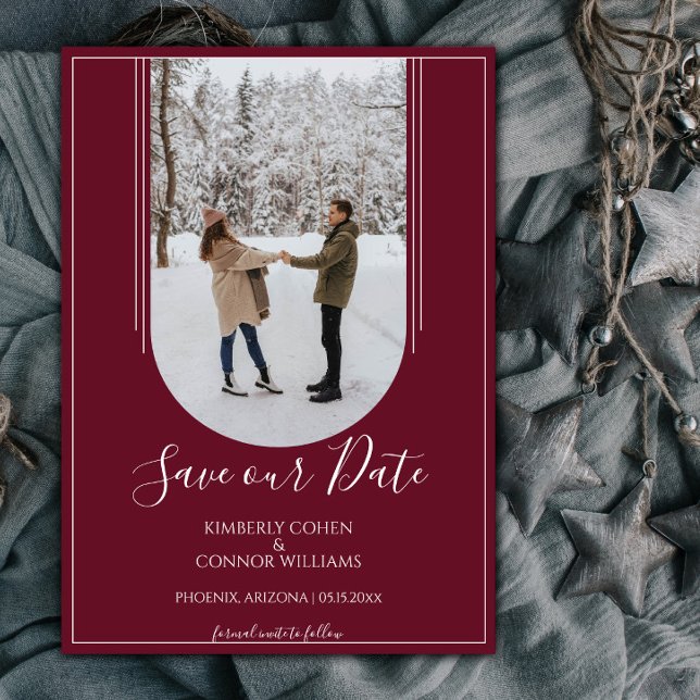 Boho Arch Photo Save the Date | Wine Red (Wine Red Arch Photo Save the Date)