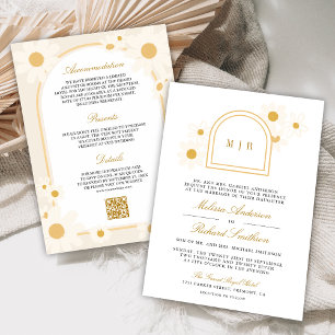 Boho Arch Retro Yellow Daisy All in One Wedding Invitation