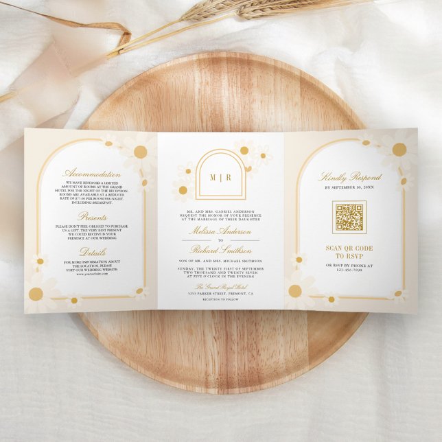 Boho Arch Retro Yellow Daisy All in One Wedding Tri-Fold Invitation (Creator Uploaded)