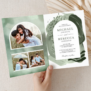 Boho Arch Sage Green Brush Strokes QR Code Wedding Invitation