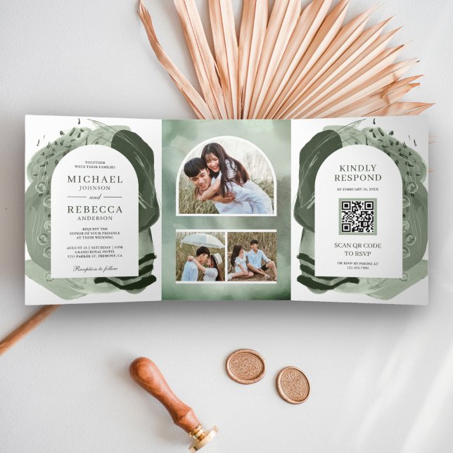 Boho Arch Sage Green Brush Strokes QR Code Wedding Tri-Fold Invitation (Creator Uploaded)