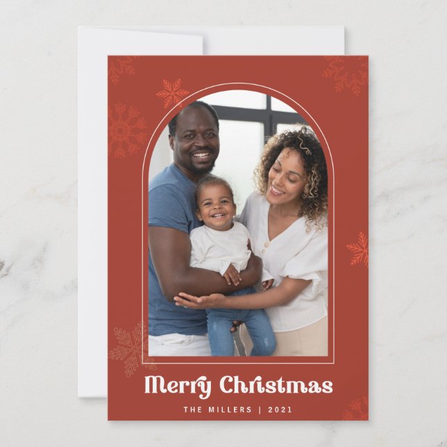 Boho Arch snowflakes rust Photo Merry Christmas Invitation (Front)