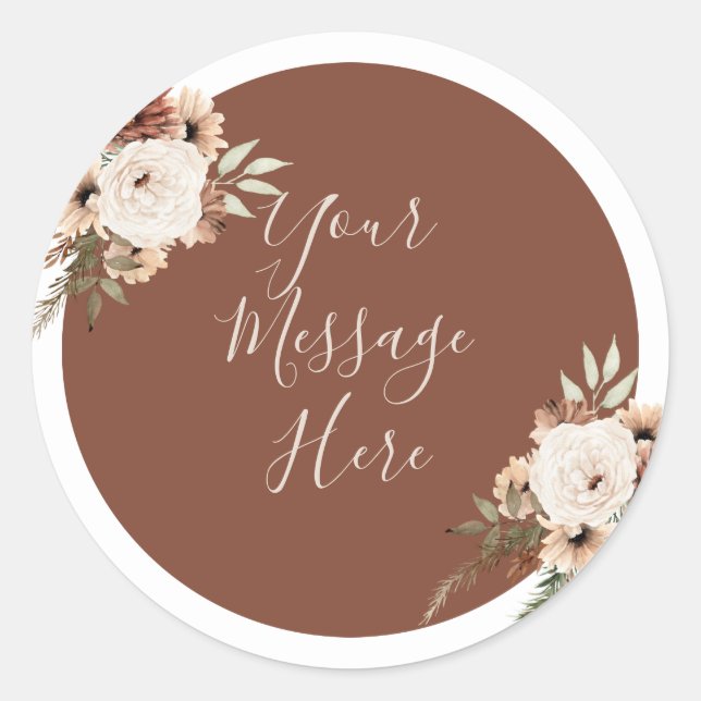 Boho Arch Terracota Floral Your Message Here Classic Round Sticker (Front)