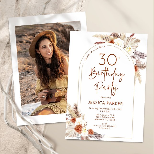 Boho Arch Terracotta Photo 30th Birthday Invitation (Creator Uploaded)
