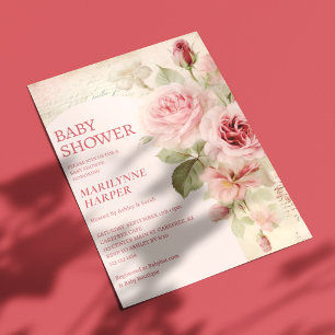 Boho Arch Vintage Roses Pink Baby Shower Invitation