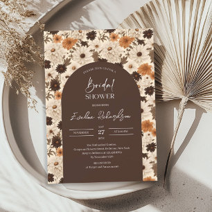Boho arch watercolor brown hues ivory wildflower invitation
