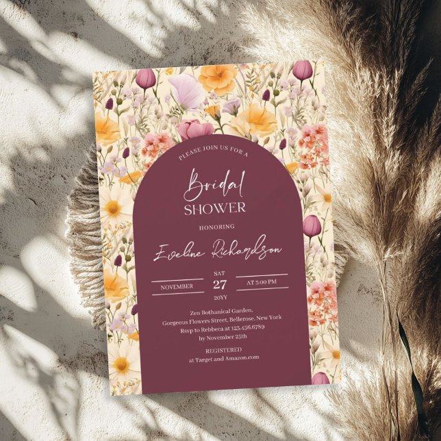Boho arch watercolor mauve and yellow wildflowers invitation (Boho arch watercolor mauve and yellow wildflowers invitation)