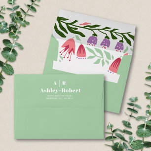 Boho arch with retro branches and flowers wedding envelope