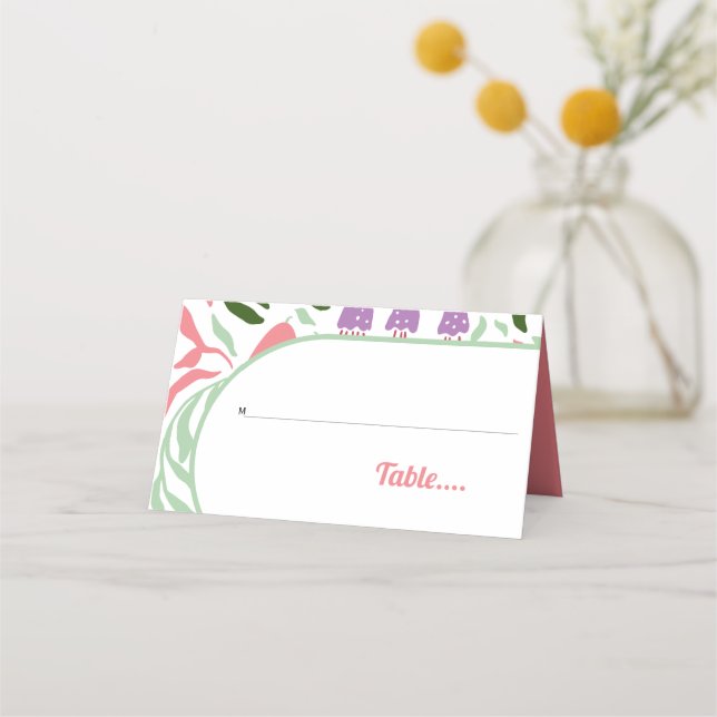 Boho arch with retro branches and flowers wedding place card (Front)