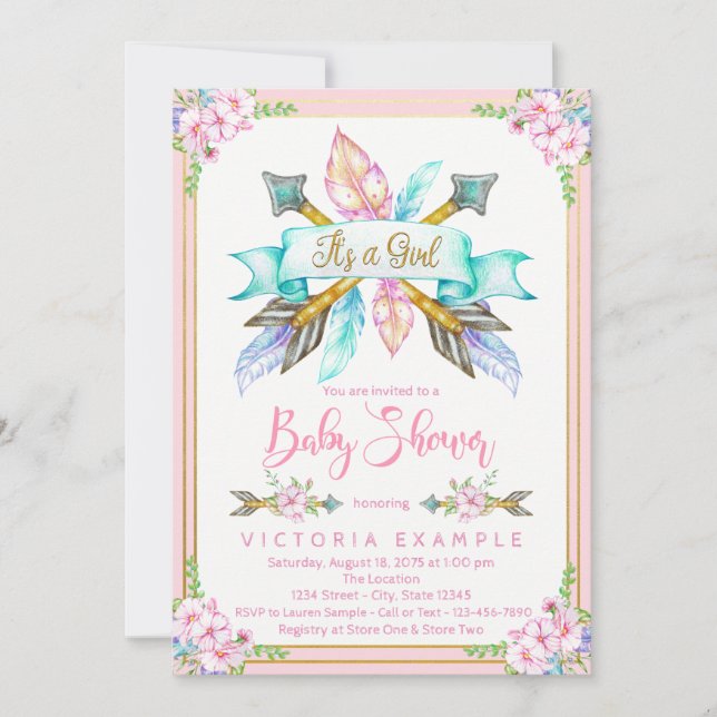 Boho Arrow Feather Girl Baby Shower Invitations (Front)