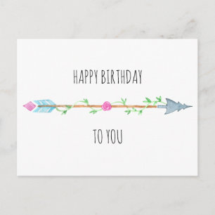 Boho Arrow Pink Floral and Foliage Happy Birthday Postcard