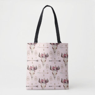 Boho arrows and skull, watercolor pattern. tote bag