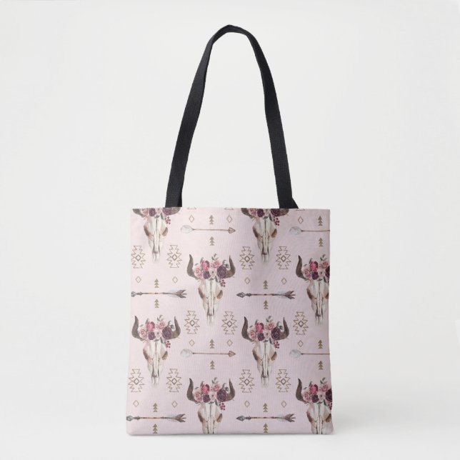 Boho arrows and skull, watercolor pattern. tote bag (Front)
