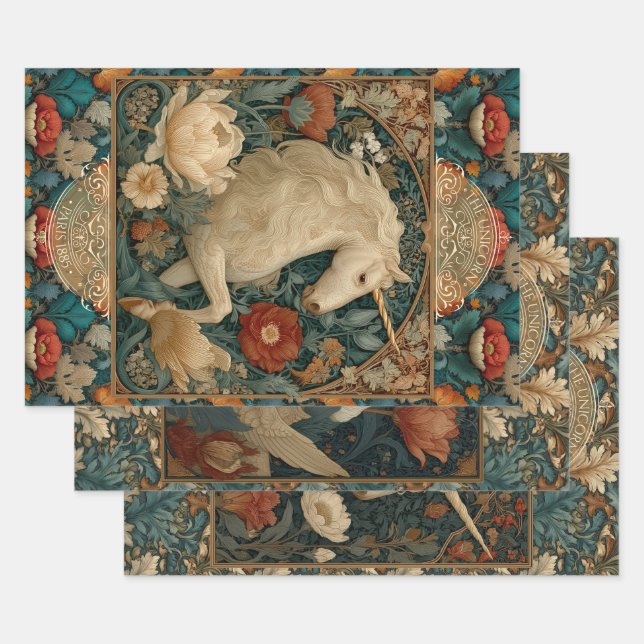 Boho Art Nouveau Floral Unicorn Wrapping Paper Sheet (Set)