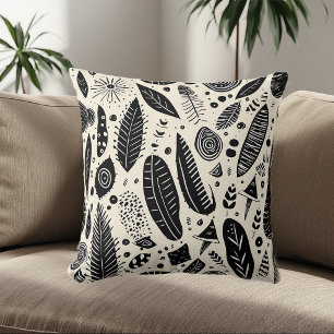 Boho Art Tribal Elements Black White Monochrome Throw Pillow