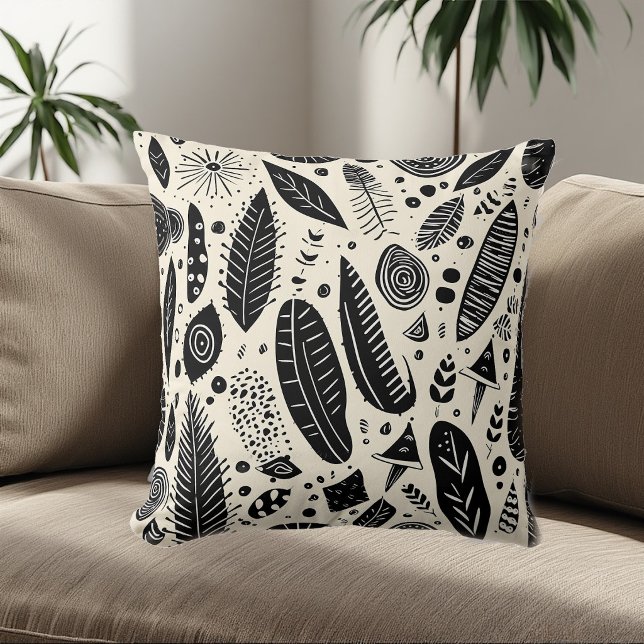 Boho Art Tribal Elements Black White Monochrome   Throw Pillow (Boho Art Tribal Elements Black White Monochrome Throw Pillow)