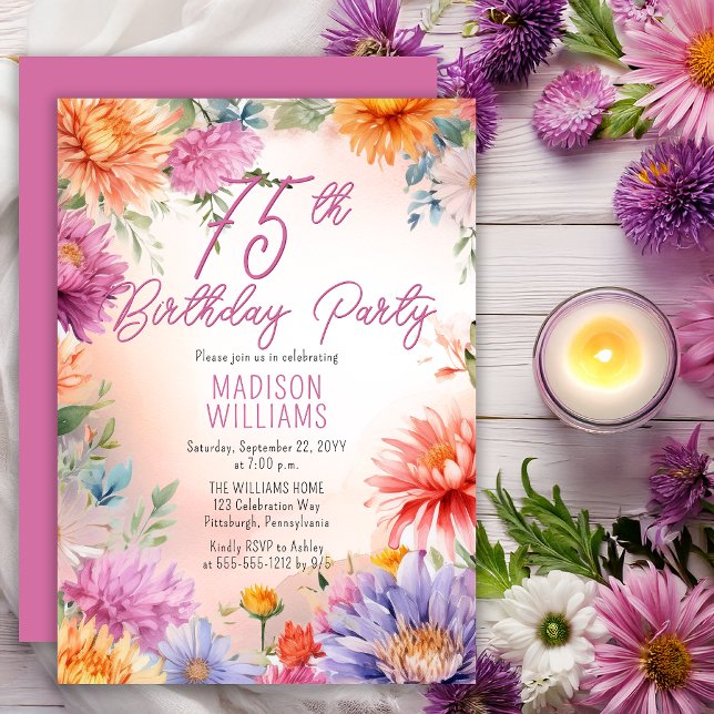 Boho Aster Flowers Floral 75th Birthday Party Invitation (Elegant Boho Aster Flowers Floral 75th Birthday Party Invitation - Print | Digital Download)