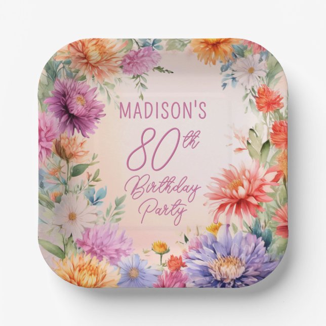 Boho Aster Flowers Floral 80th Birthday Party Paper Plate (Front)