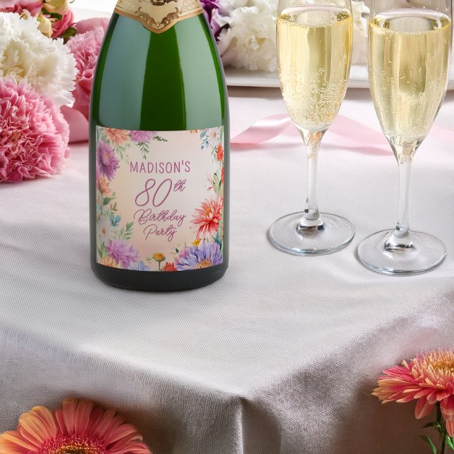 Boho Aster Flowers Floral 80th Birthday Party Sparkling Wine Label (Boho Aster Flowers Floral 80th Birthday Party Sparkling Wine Label)