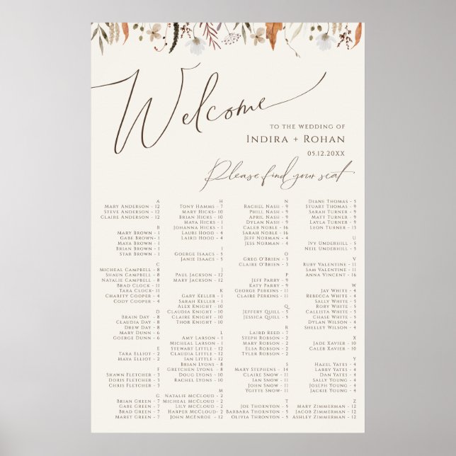 Boho Automne Beige Alphabétique Tableau De Sièges (Devant)