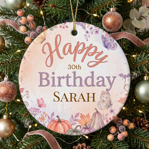 Boho Autumn Birthday Pumpkin Custom Round Ornament