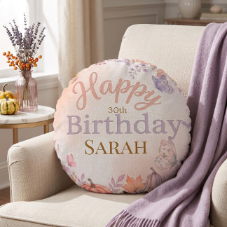 Boho Autumn Birthday Pumpkin Custom Round Pillow