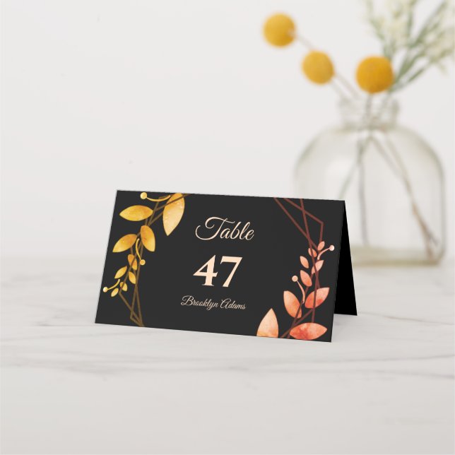 Boho autumn botanical gold frame wedding place card (Front)