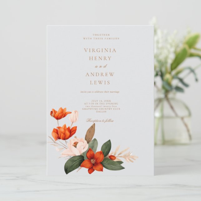 Boho autumn bouquet with fiery tulips and white fl invitation (Standing Front)