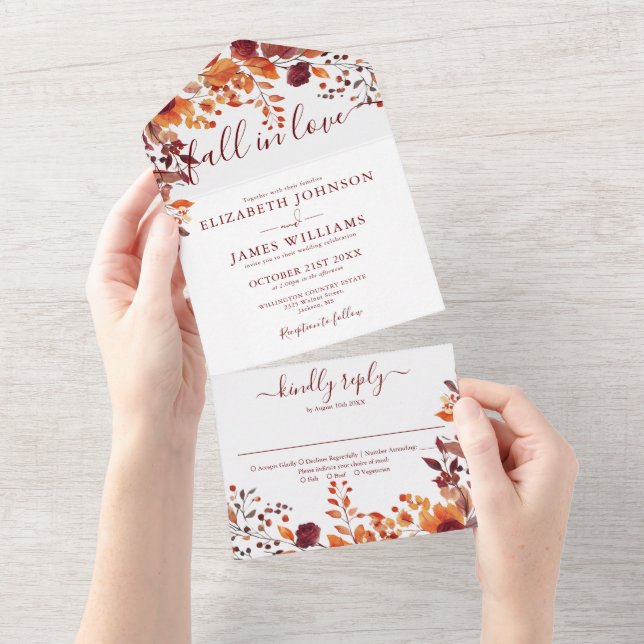 Boho Autumn Fall Floral Fall In Love Wedding All In One Invitation (Tearaway)