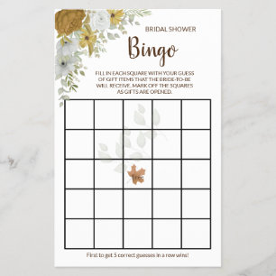 Boho Autumn Floral Bridal Shower Bingo Game Card F