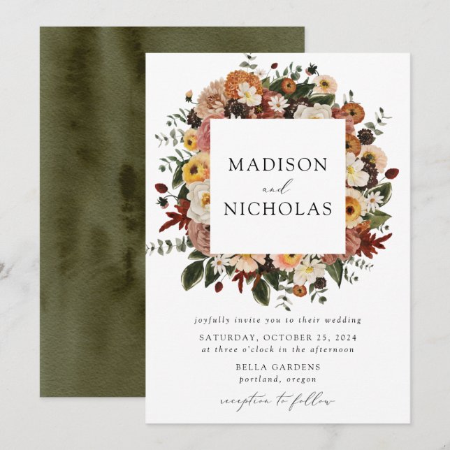 Boho Autumn Floral Frame Wedding Invitation (Front/Back)