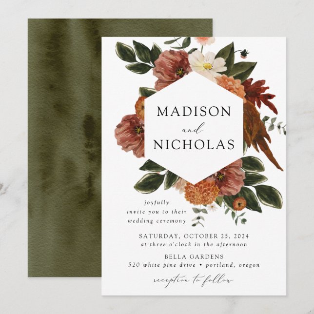 Boho Autumn Floral Frame Wedding Invitation (Front/Back)