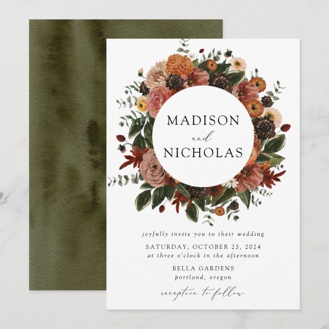 Boho Autumn Floral Frame Wedding Invitation (Front/Back)