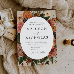 Boho Autumn Floral Oval Frame Wedding Invitation