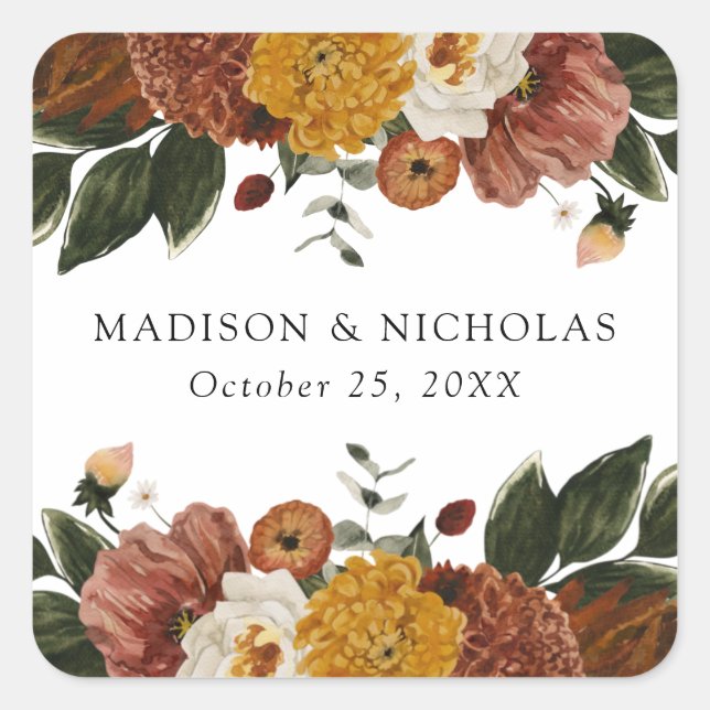Boho Autumn Floral Personalized Wedding Square Sticker (Front)