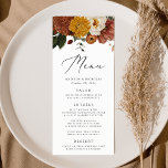 Boho Autumn Floral Wedding Menu<br><div class="desc">Rustic autumn wedding menu featuring a top border of watercolor flowers and greenery in muted autumnal colours of ivory, orange, mustard gold, olive green, dusty rose, and brown. Personalize with your names, wedding date, and menu information. The back of the fall floral wedding menu features a rich olive green watercolor...</div>