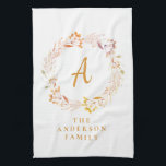 Boho Autumn Floral Wreath | Personalized Name  Kitchen Towel<br><div class="desc">Add a touch of personalized elegance to your kitchen with this beautiful watercolor wreath kitchen towel. Featuring a delicate arrangement of botanical elements in soft, inviting hues, this towel is customized with your family name and initial, making it a truly unique piece. Perfect for adding a touch of rustic charm...</div>