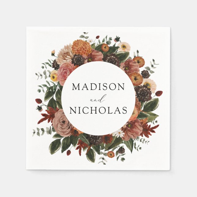 Boho Autumn Floral Wreath Personalized Wedding Napkin (Front)