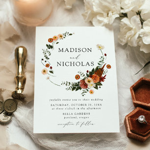 Boho Autumn Floral Wreath Wedding Invitation