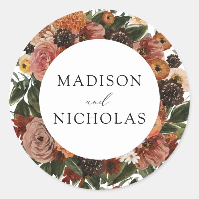 Boho Autumn Floral Wreath Wedding Stickers (Front)