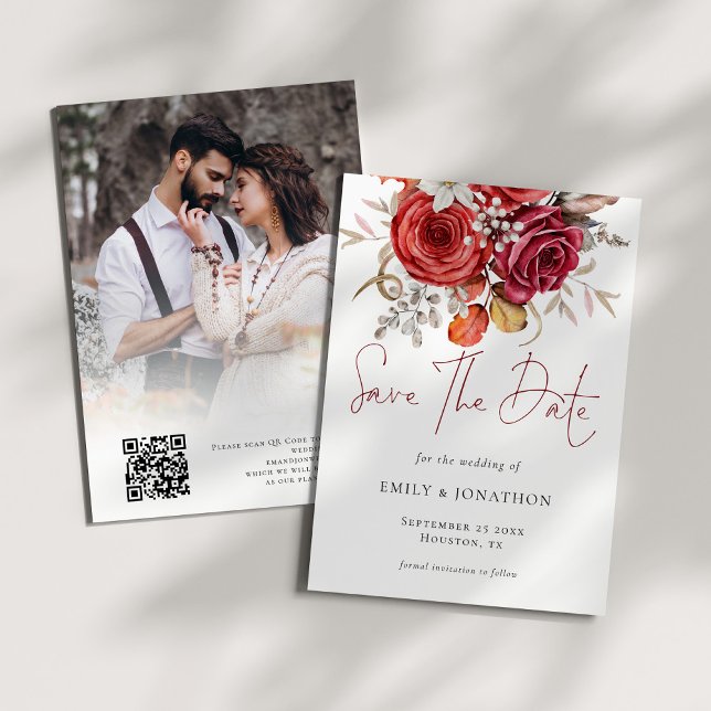 Boho Autumn Florals Photo Overlay QR Code Wedding Save The Date (Front and back view)