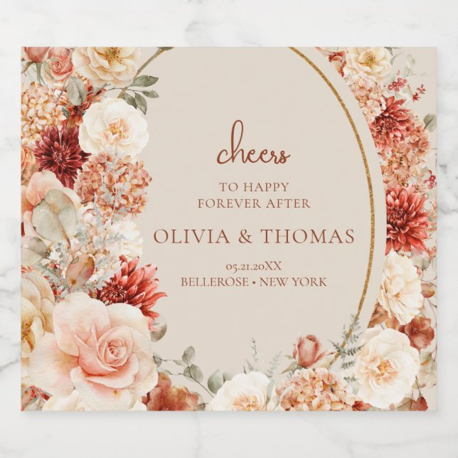 Boho autumn garden spices orange beige rust sparkling wine label (Single Label)