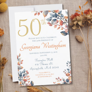 Boho Autumn Leaves 50th Birthday Invitation