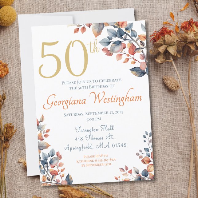 Boho Autumn Leaves 50th Birthday Invitation (Creator Uploaded)