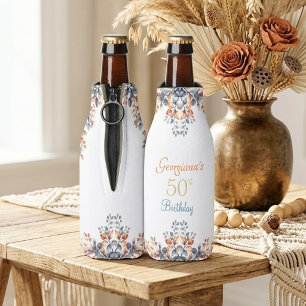 Boho Autumn Leaves 50th Birthday Personalized Bott Bottle Cooler