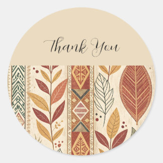 Boho Autumn Leaves and Tribal Pattern Classic Round Sticker