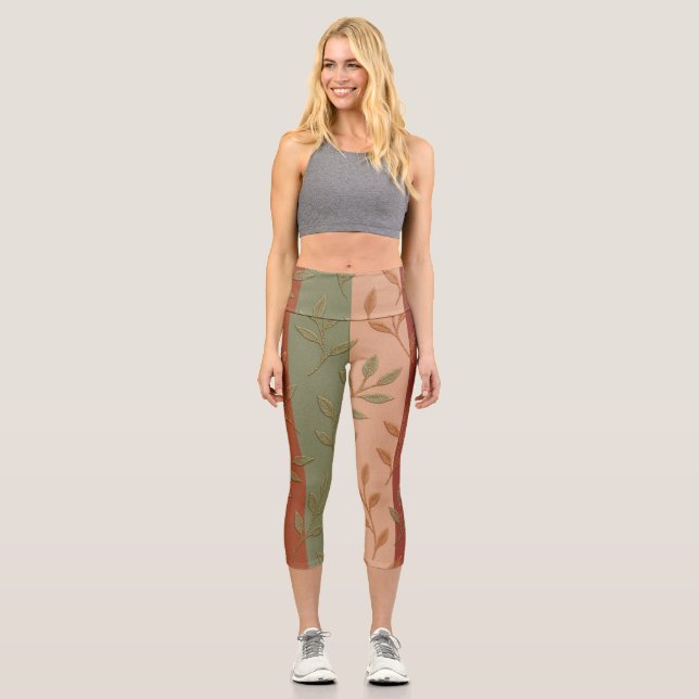 Boho Autumn Leaves Striped Capri Leggings (Front)